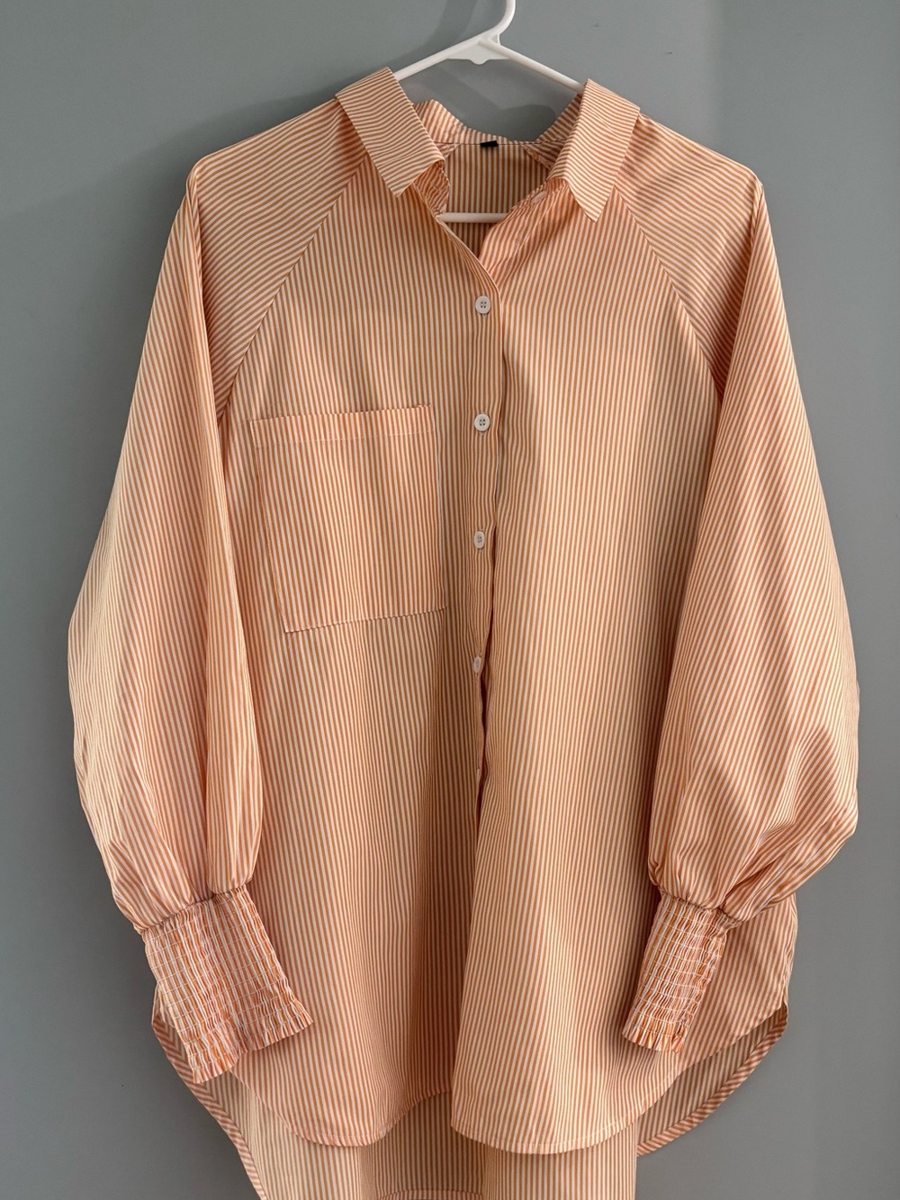 Women's Peach Striped Button-Down Blouse with Smocked Lantern Sleeves